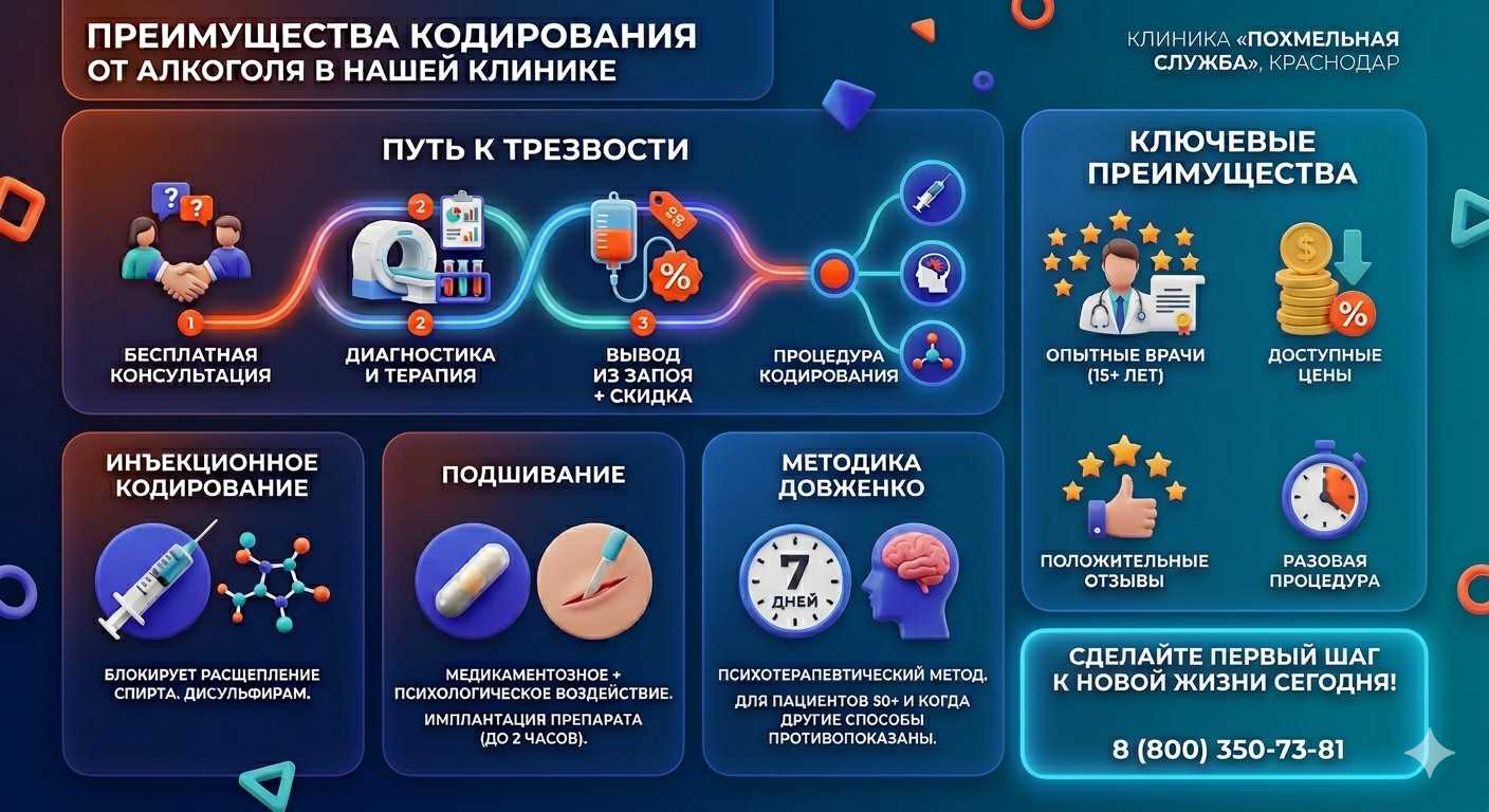 Инфографика о методах кодирования от алкоголя в Вихоревке: инъекции, подшивание, метод Довженко. Преимущества клиники и этапы лечения.