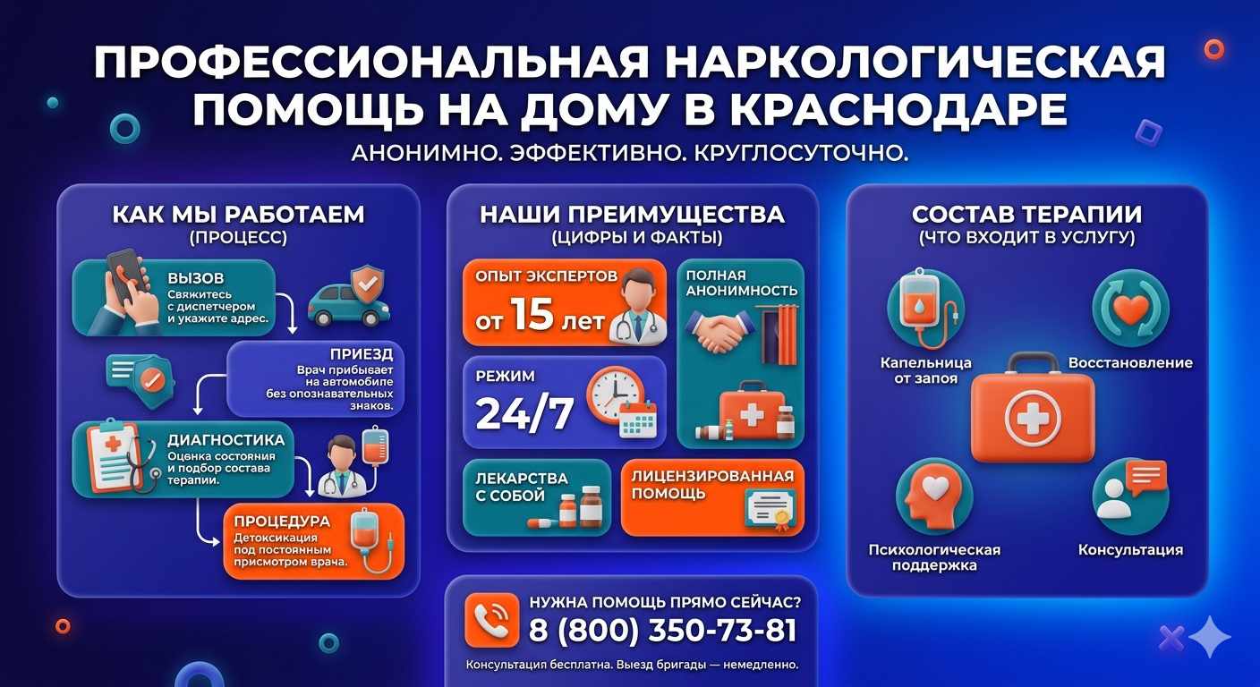 Инфографика о принципах лечения алкоголизма на дому в Вихоревке: этапы вызова нарколога, преимущества анонимной детоксикации и состав медицинской помощи.
